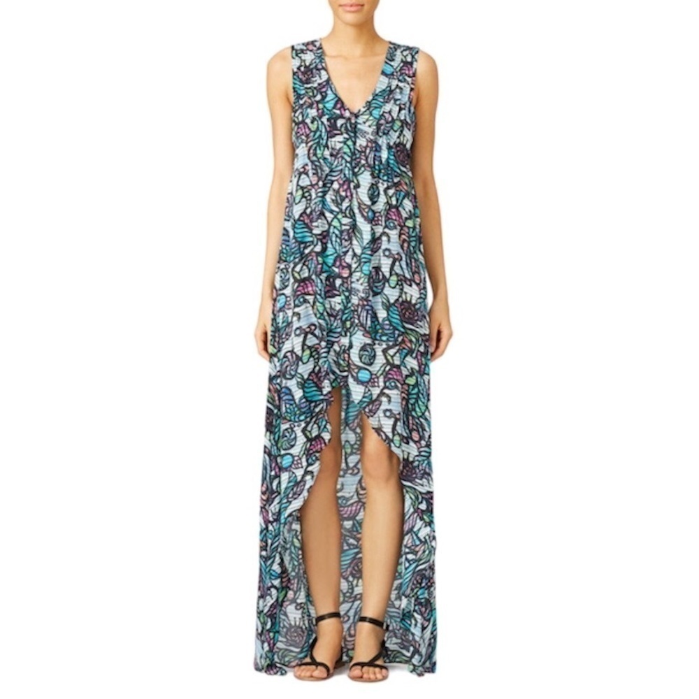 Nicole Miller Artelier Geometric Sleeveless Cut Out Pleated High Low Silk Dress